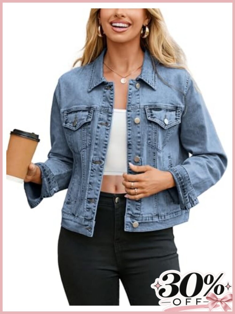 Womens Jean Jacket Long Sleeve Button Down Denim Jacket Fitted Trucker Coat